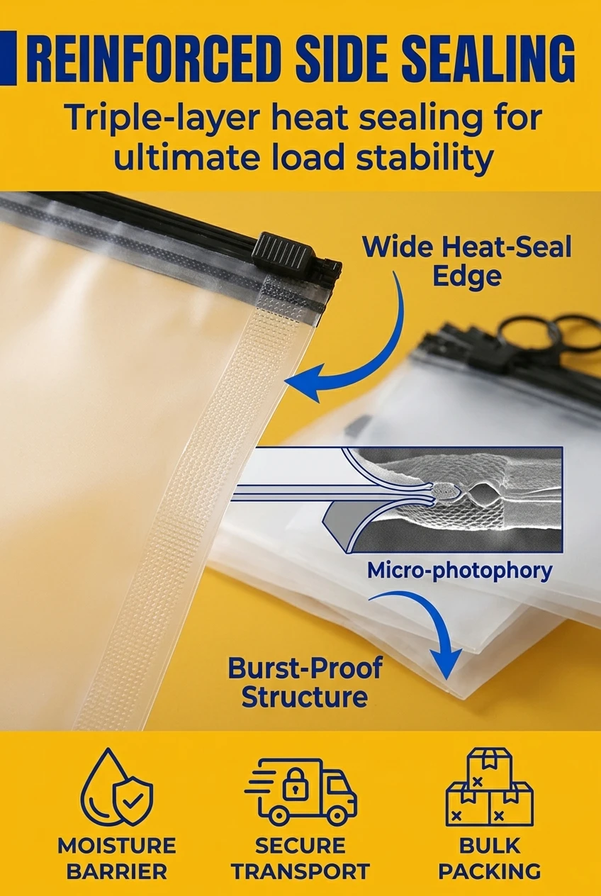 Technical view of the plastic zipper bag construction. Featuring three-side reinforced heat sealing, this transparent pouch w