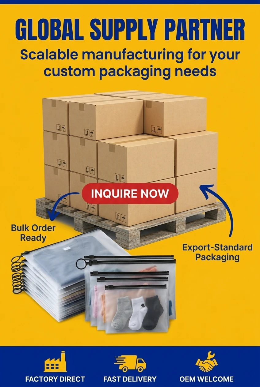 Wholesale plastic zipper bag supply for global brands. We offer scalable manufacturing for transparent pouch with zipper orde