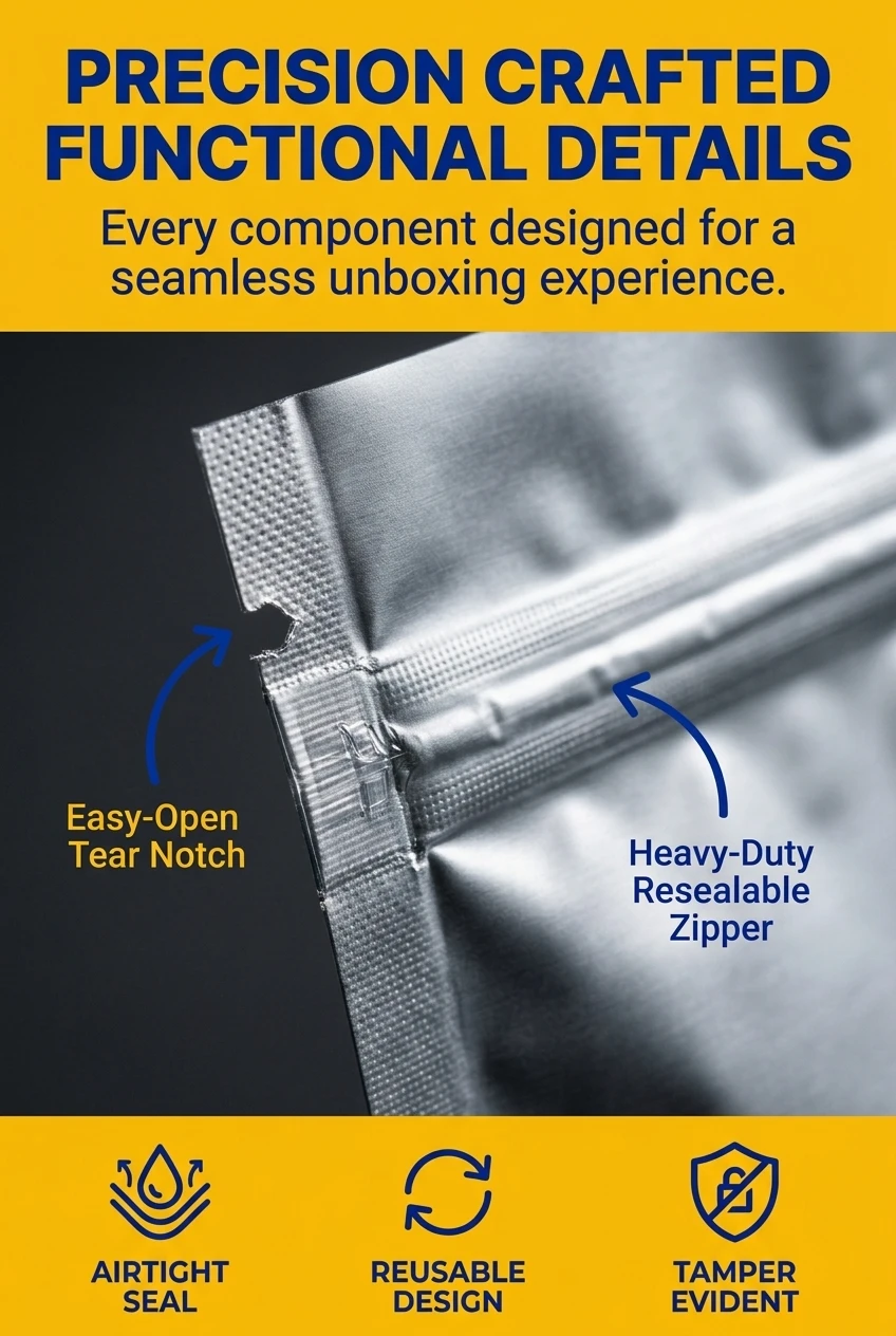 Detailed view of our zipper pouch features including an easy-open tear notch and heavy-duty resealable closure. These reseala