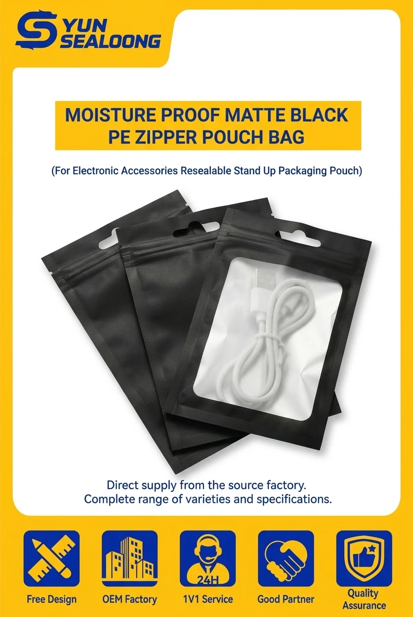 Moisture Proof Matte Black PE Zipper Pouch Bag with Clear Window and Hang Hole for Electronic Accessories