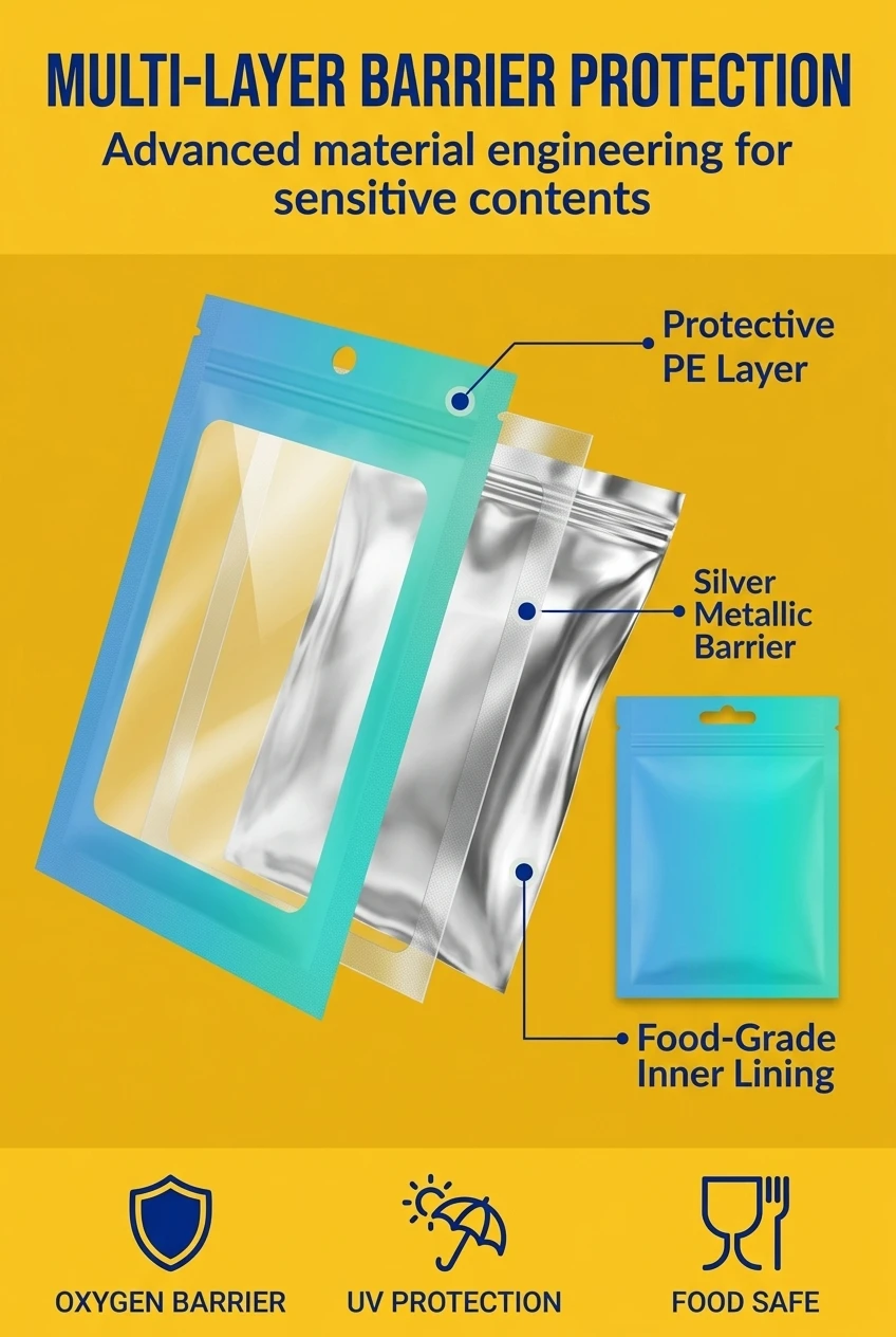 Technical material breakdown of our plastic zipper bag. This zipper pouch features a multi-layer structure including a premiu