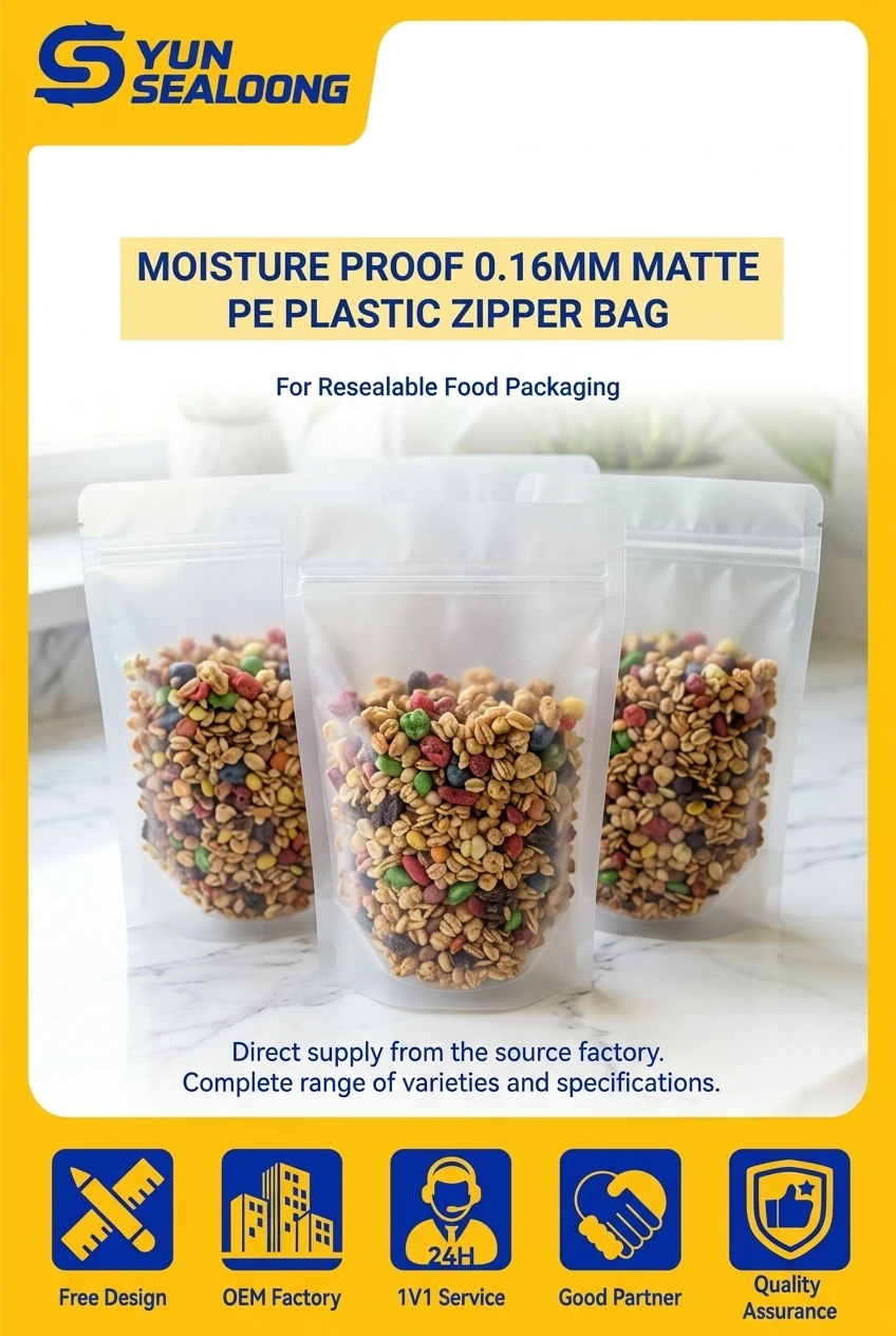 Moisture Proof 0.16mm Matte PE Plastic Zipper Bag with Clear Window and Round Hang Hole for Resealable Food Packaging