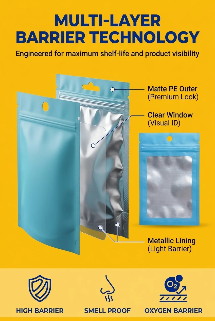 Advanced material structure of our plastic zipper bag. This zipper pouch bag combines a matte PE outer layer with a metallic