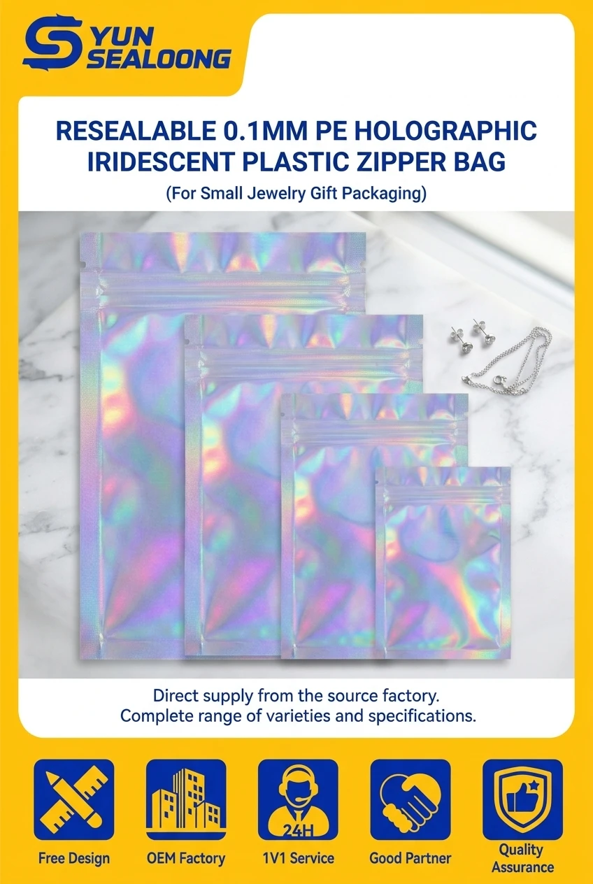 Resealable 0.1mm PE Holographic Iridescent Plastic Zipper Bag with Tear Notch for Small Jewelry Gift Packaging