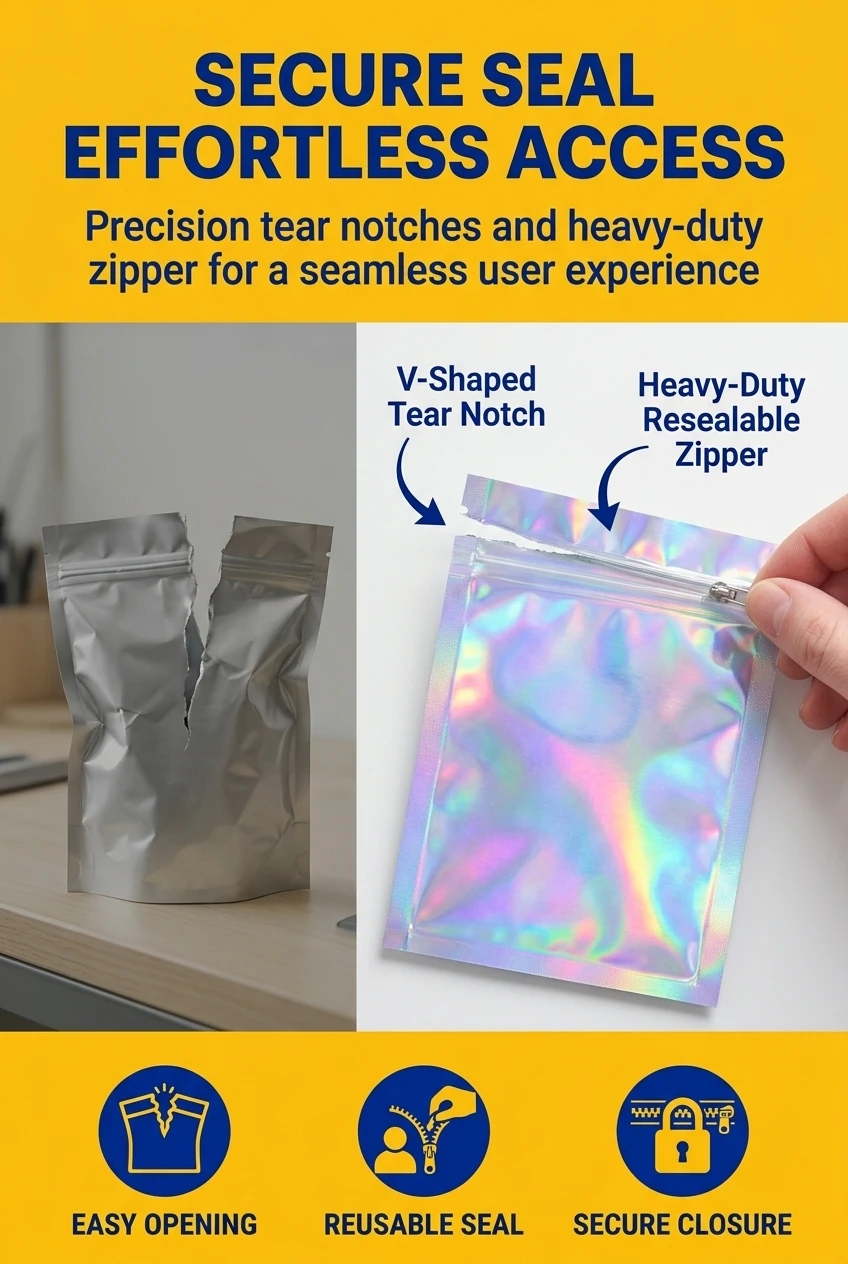 Stop struggling with difficult packaging. Our ziplock packaging bag features dual V-shaped tear notches for easy opening and