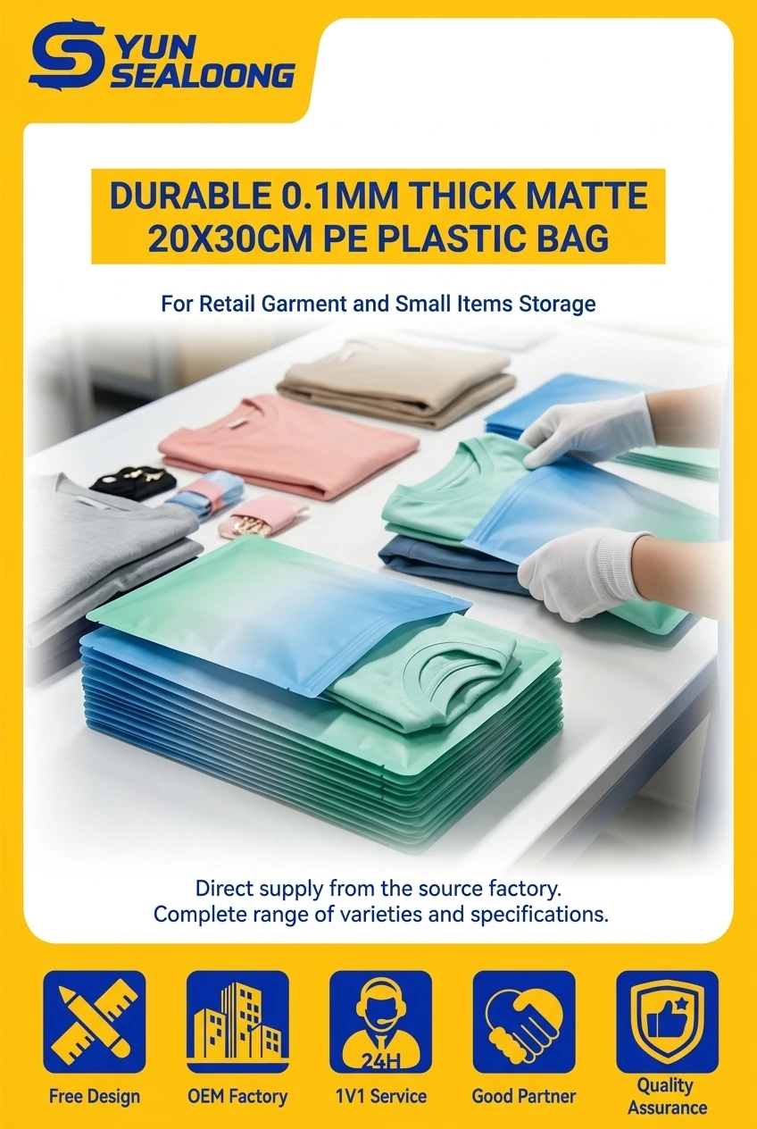 Durable 0.1mm Thick Matte LDPE Zipper Closure 20x30cm PE Plastic Bag for Retail Garment and Small Items Storage