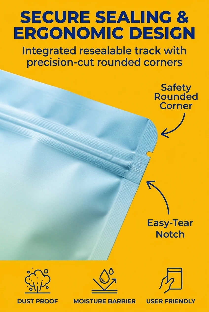 Secure pe plastic bag with integrated zipper closure system. Featuring precision-cut rounded corners to prevent scratches and