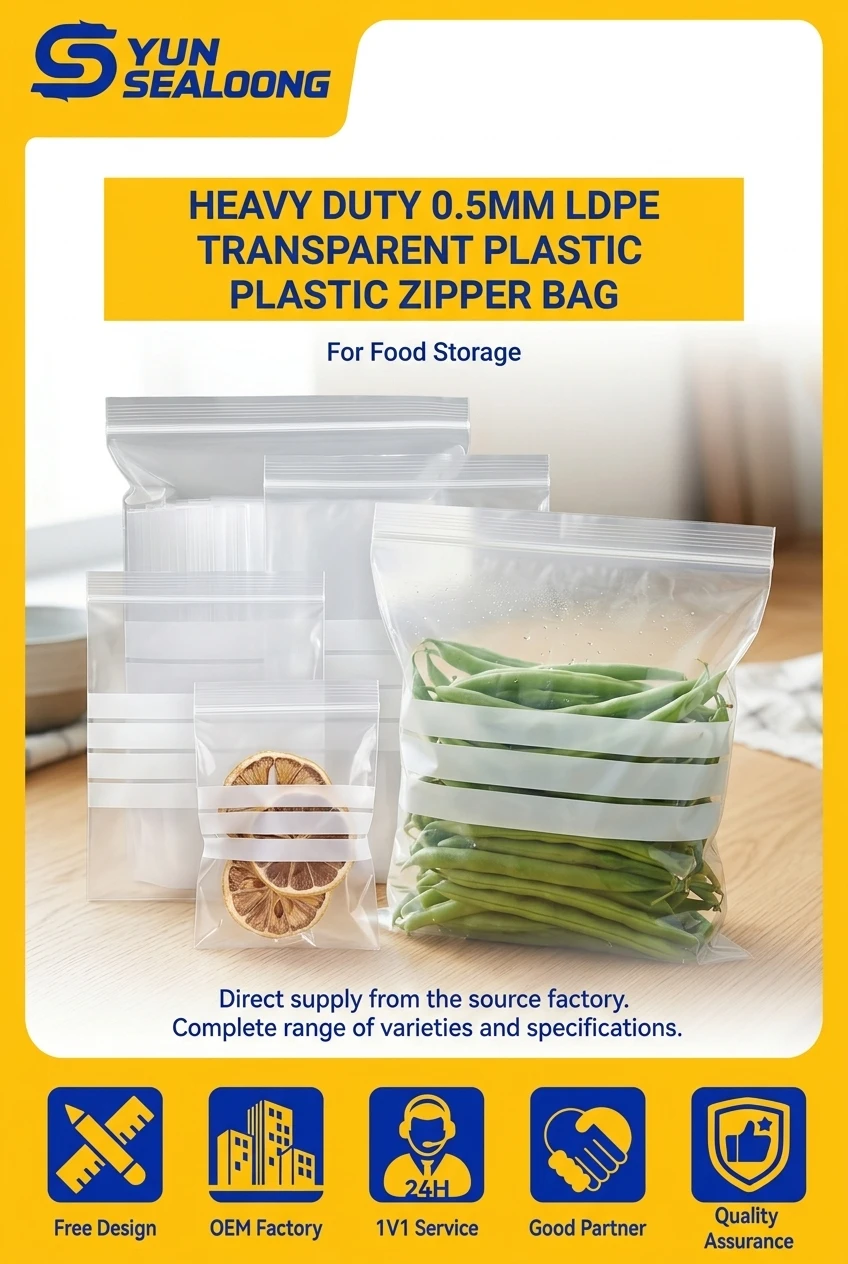 Heavy Duty 0.5mm LDPE Transparent Plastic Zipper Bag with White Writing Panels and Reclosable Seal for Food Storage