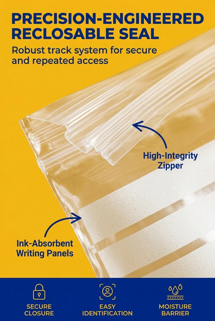 High-integrity plastic zipper bag with a robust reclosable track. Our resealable packaging pouch features a precision-enginee