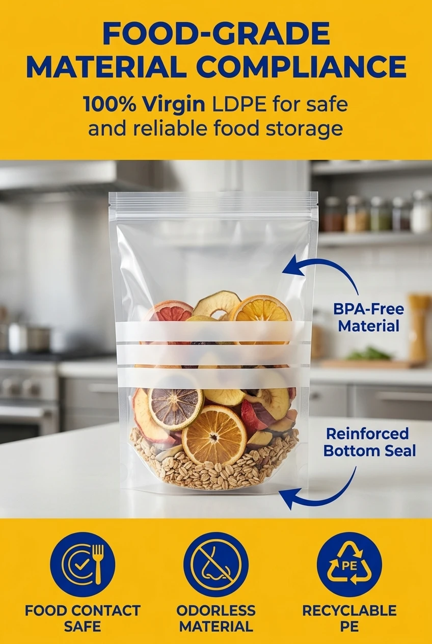 100% virgin LDPE plastic bag suitable for direct food contact. This transparent pouch with zipper offers a reliable environme