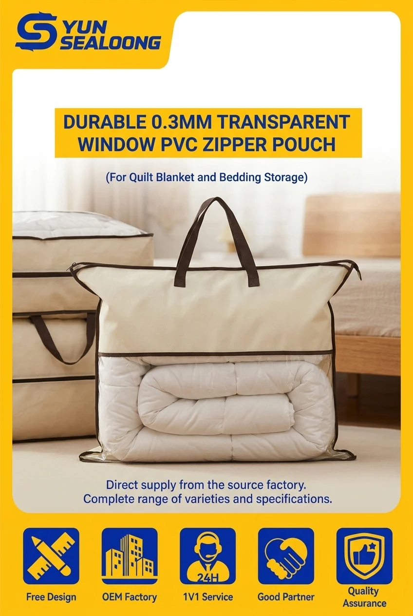 Durable 0.3mm Transparent Window PVC Zipper Pouch with Webbing Handles for Quilt Blanket and Bedding Storage