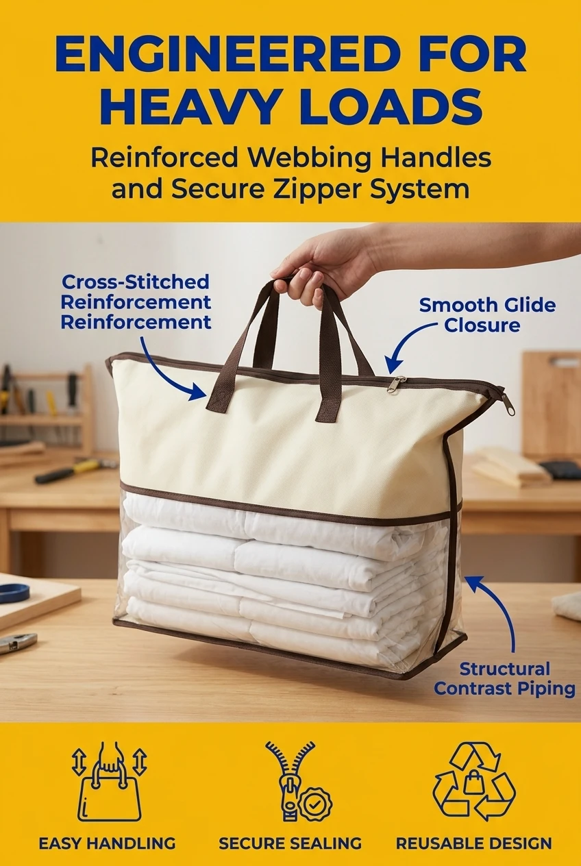 Reinforced zipper handle plastic bag designed for bulky items. Our pvc zipper pouch features heavy-duty webbing handles and a