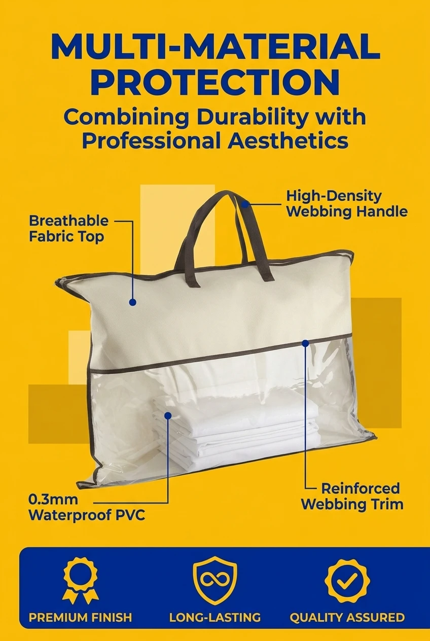 Advanced material structure of our pvc zipper pouch. Combining breathable fabric with waterproof pvc pouch sections, this zip