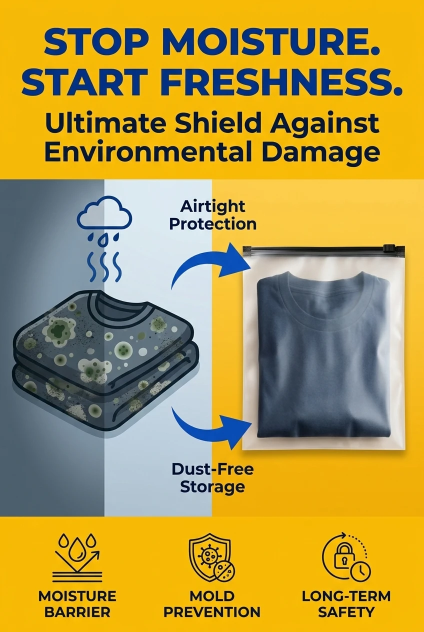 Protective plastic zipper bag designed for moisture and dust resistance. This zipper pouch bag keeps apparel in pristine cond