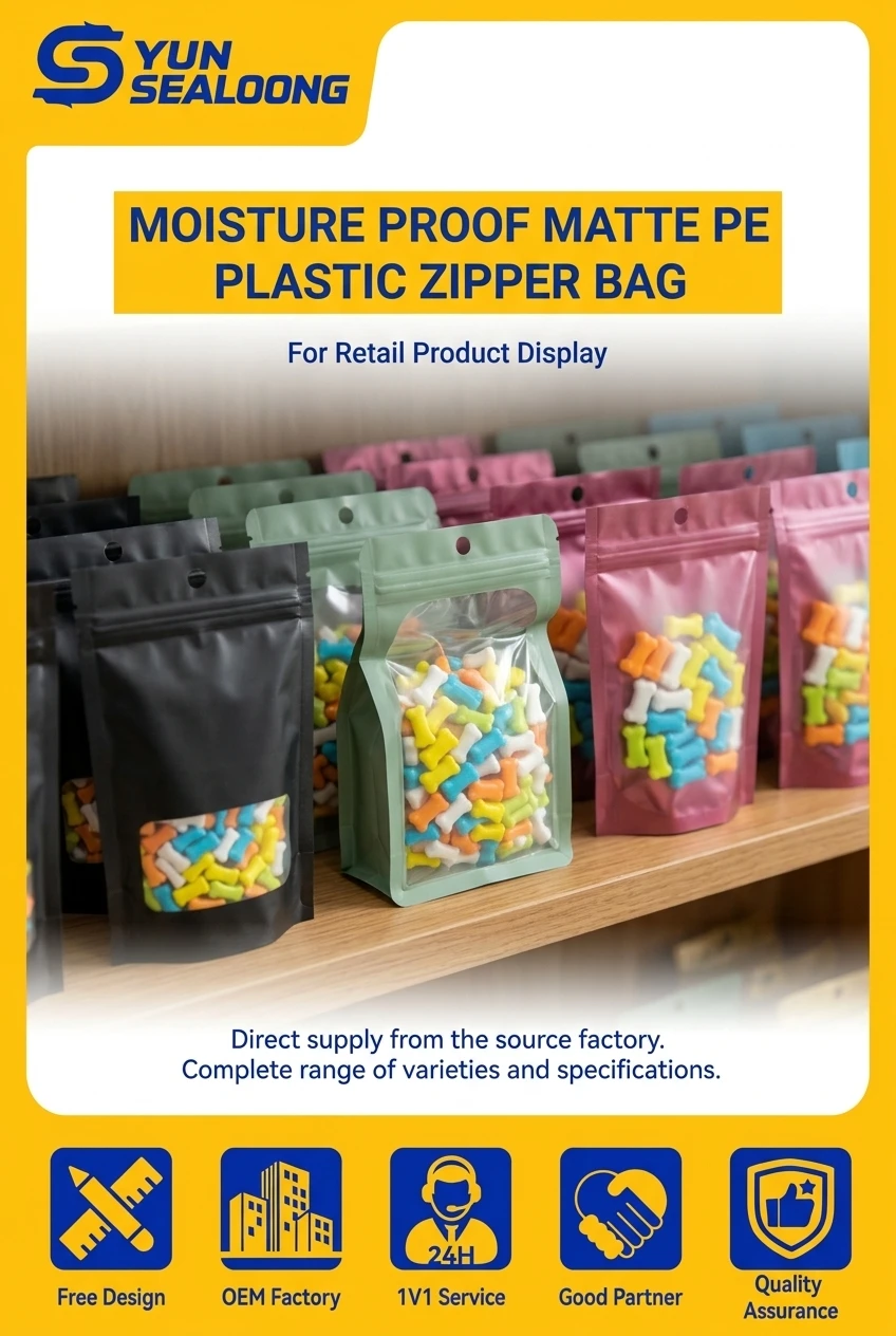 Moisture Proof Matte PE Plastic Zipper Bag with Transparent Window and Hang Hole for Retail Product Display
