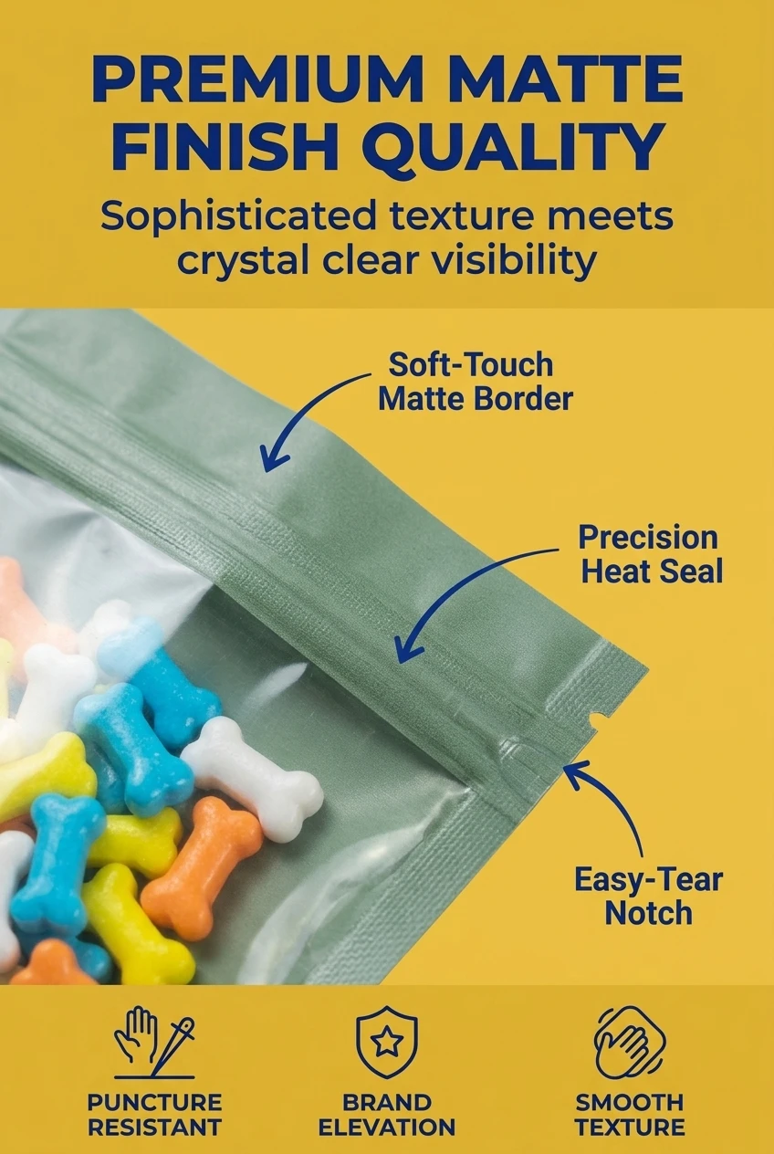 Detail view of our transparent pouch with zipper. The reinforced ziplock packaging bag seal prevents leaks while the easy-tea
