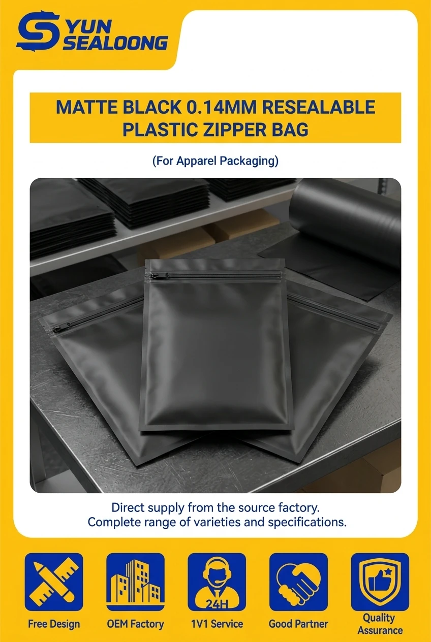 Matte Black 0.14mm Resealable Plastic Zipper Bag with Slider Closure and Vent Hole for Apparel Packaging