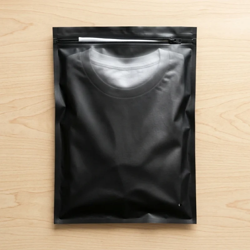 matte black slider zipper bag applied on luxury gift packaging demonstrating 3D laser reflection
