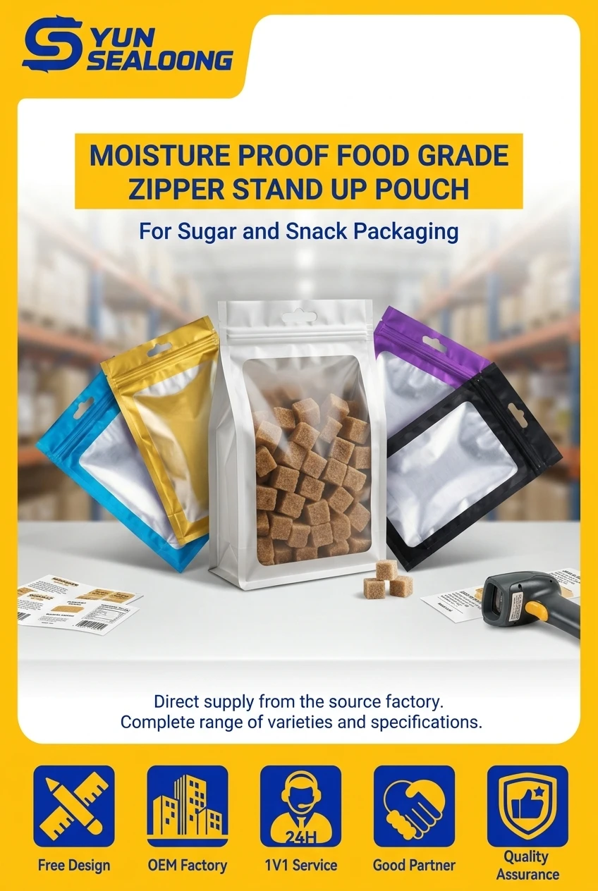 Moisture Proof Food Grade PE Plastic Food Zipper Stand up Pouch with Clear Window and Tear Notch for Sugar and Snack Packaging