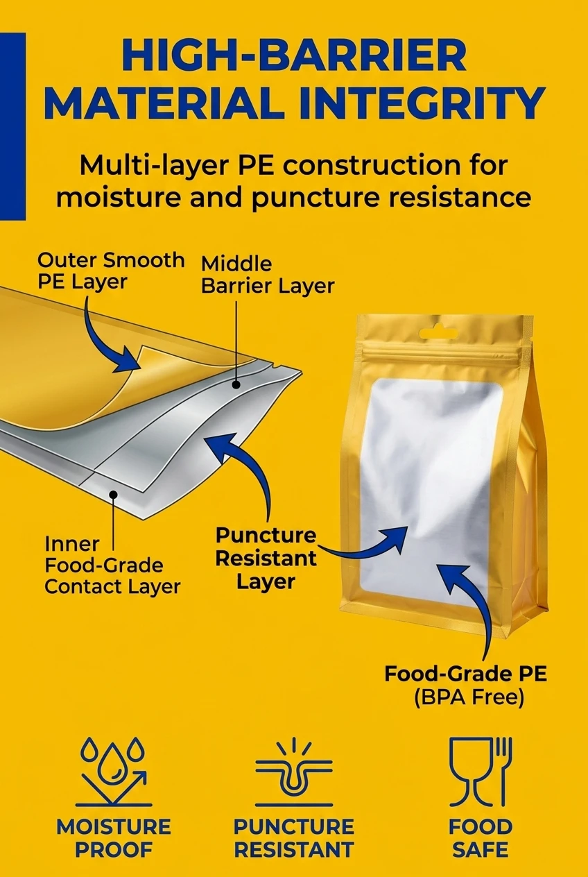 Multi-layer pe plastic bag structure for ultimate moisture protection. This food zipper stand up pouch is crafted from punctu