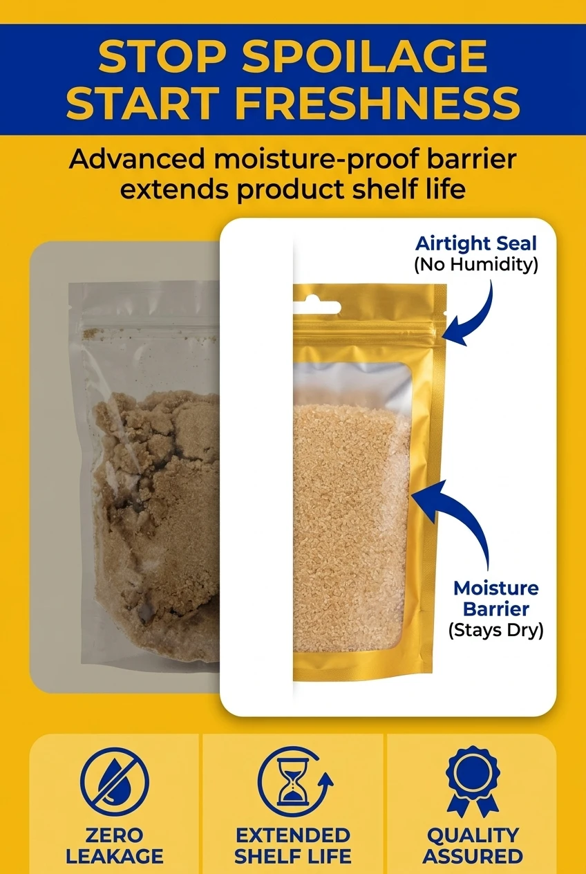 Solve storage issues with our moisture-proof food zipper stand up pouch. Prevent clumping and oxidation in sugar and snacks u