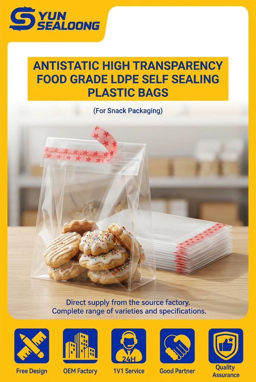 Self Adhesive OPP Bag Transparent Reusable Seal Bag Food Grade Plastic Bags Roll Variant Flap Seal Pouch for Candy Snack Lot