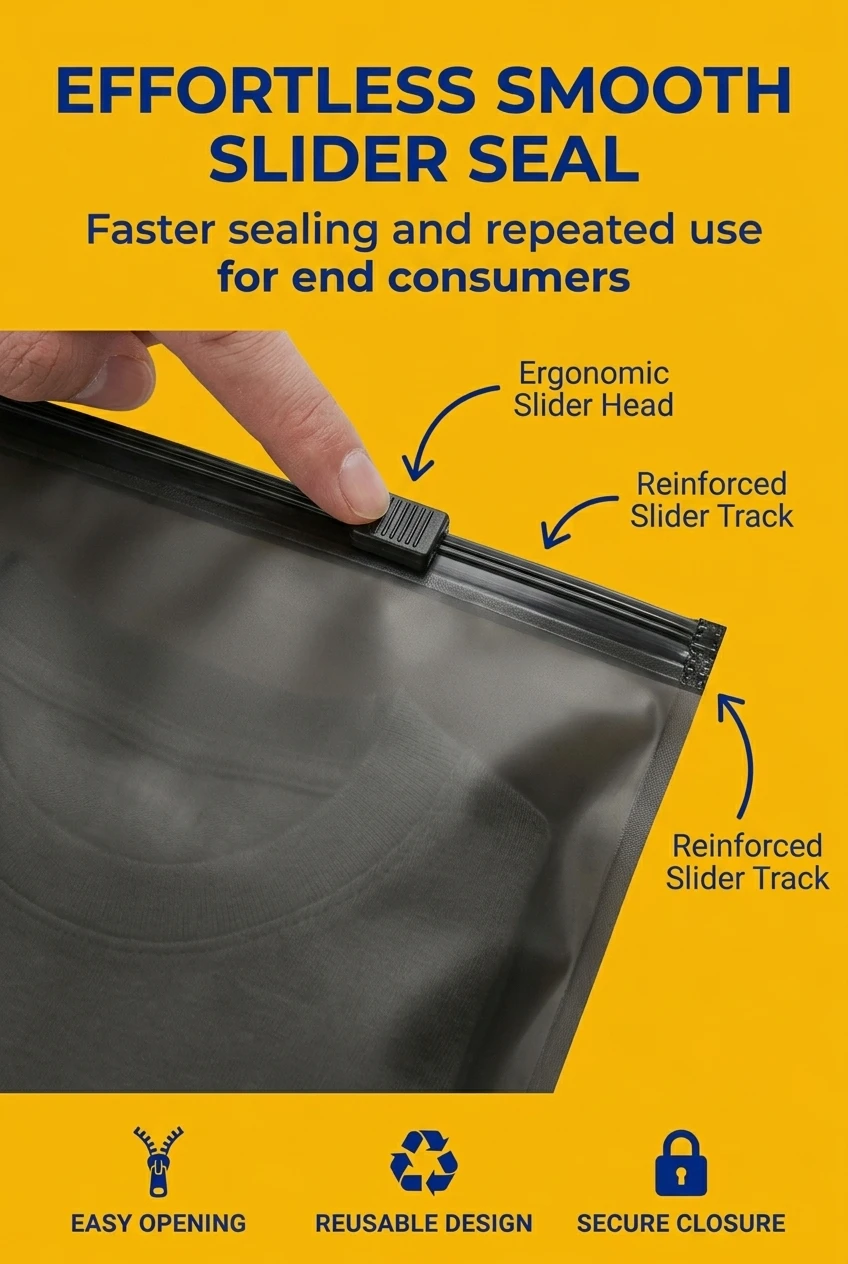 Durable plastic zipper bag featuring a high-quality slider closure. Unlike standard press-to-close options, this zipper pouch