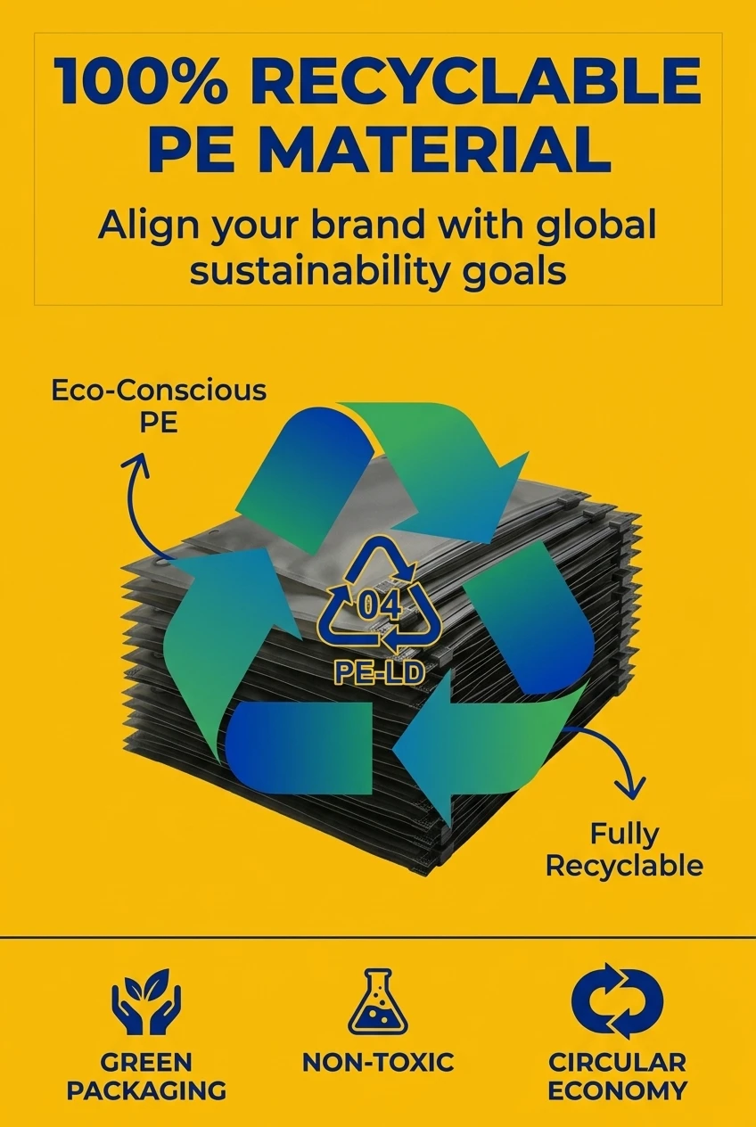 Eco-friendly plastic zipper bag made from recyclable PE. This sustainable zipper pouch bag meets modern environmental standar