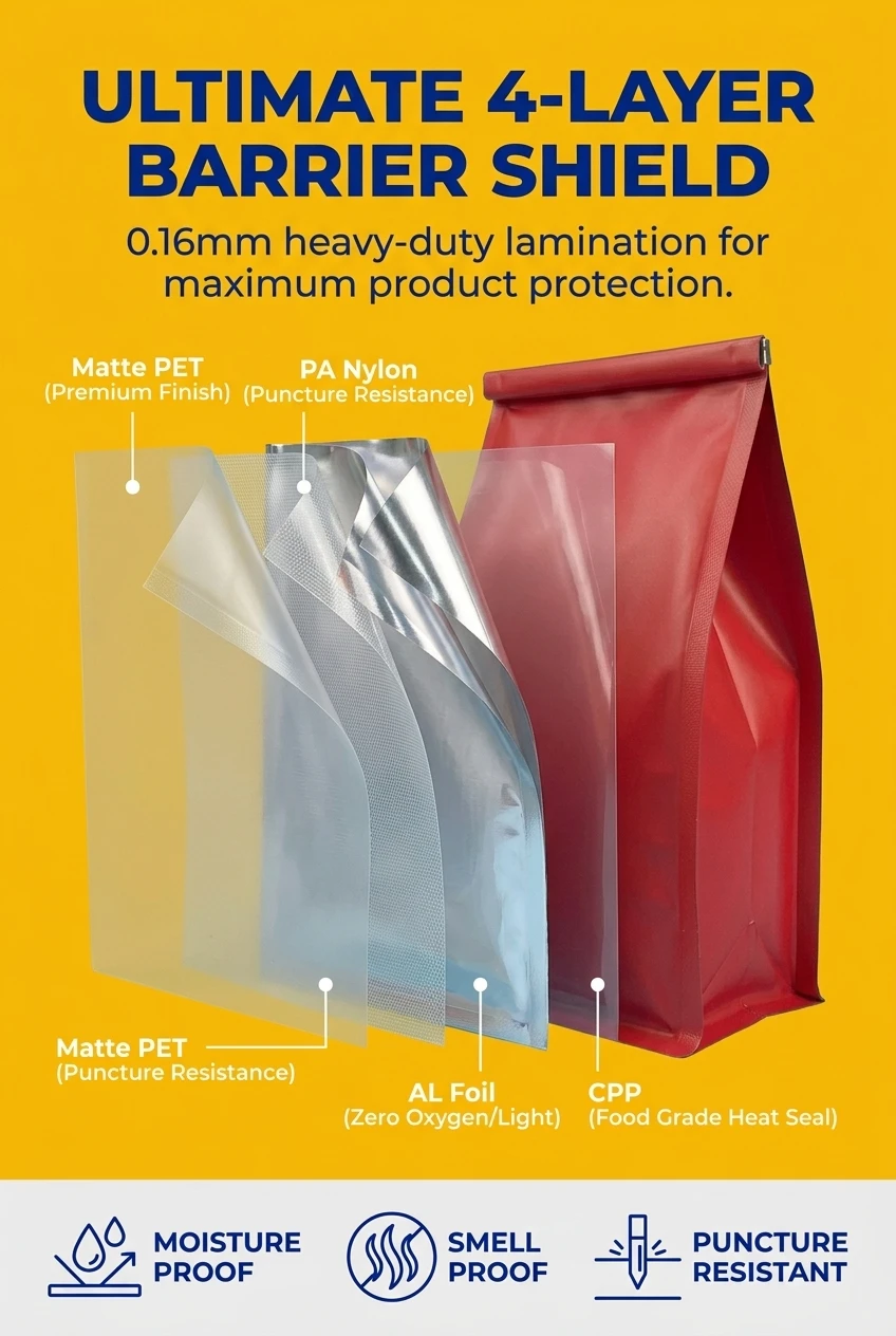 High-performance packaging plastic bags with a robust 0.16mm PET/PA/AL/CPP laminated structure. This food approved packaging