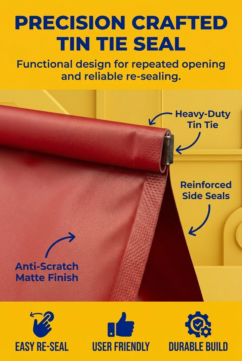 Detailed view of our packaging plastic bags featuring the functional tin tie closure. This food bag allows consumers to easil