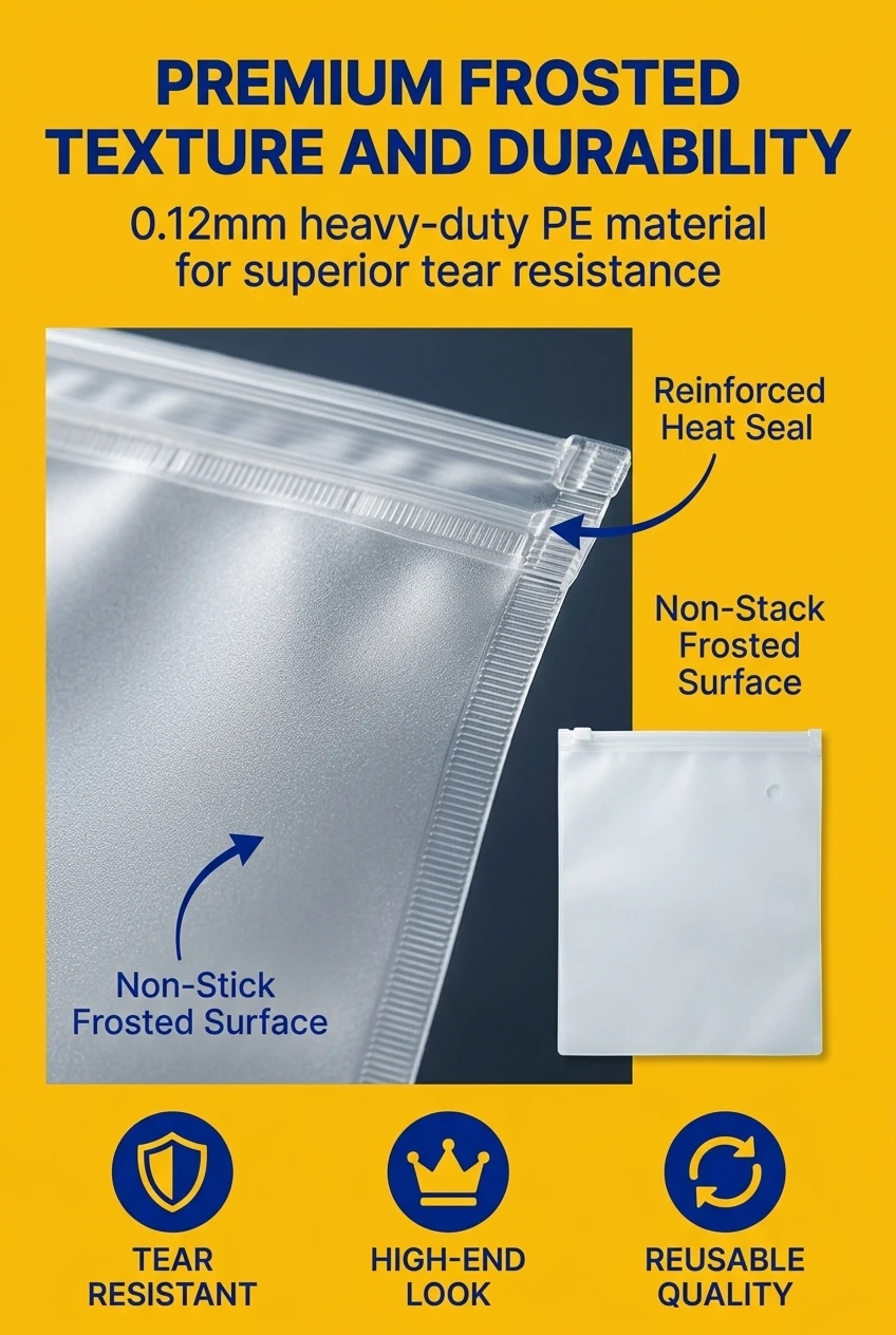 Heavy duty 0.12mm pe plastic bag with elegant frosted texture. This durable plastic zipper bag offers superior tear resistanc