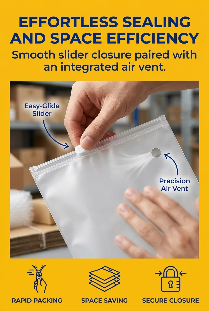 Functional transparent pouch with zipper and integrated air vent hole. This plastic zipper bag allows for rapid air extractio