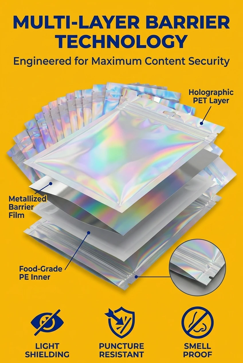 Advanced material structure for high-performance zip lock bags. Our ziplock packaging bag features a multi-layer metallized f