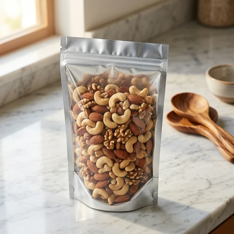 Close-up of resealable stand up zip lock bags surface with vertical holographic grating pattern