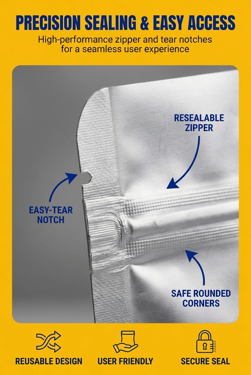 Precision-engineered zip lock bags featuring a reliable resealable packaging pouch mechanism. The top section includes symmet