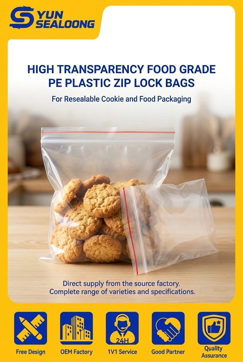 High Transparency Food Grade PE Plastic Zip Lock Bags with Red Line for Resealable Cookie and Food Packaging
