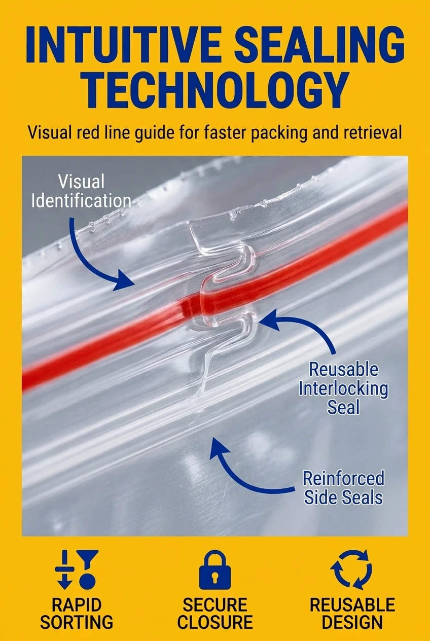 Detail shot of zip top reclosable plastic bag featuring a distinct red line indicator. This transparent pouch with zipper is
