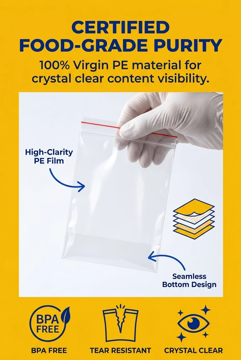 Food grade zip lock bags made from 100% virgin PE material. Our resealable food packaging bags offer crystal clear transparen