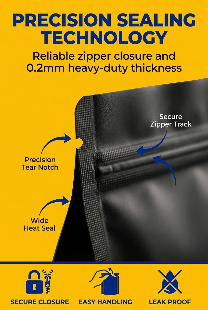 Precision engineered three-side seal structure with integrated zipper. This 0.2mm thick material offers the durability of 30