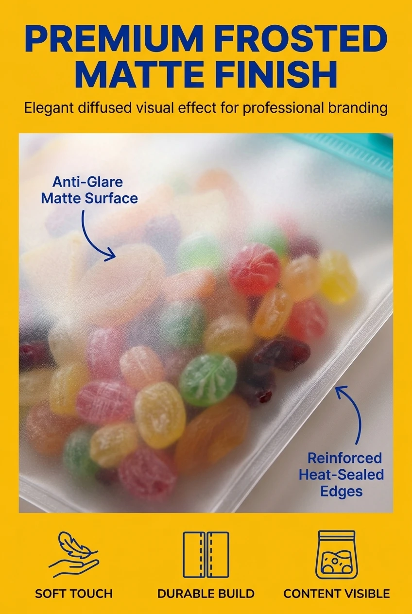 Elegant frosted packaging bags with a soft diffused visual effect. Our food grade packaging bag uses high-quality matte packa