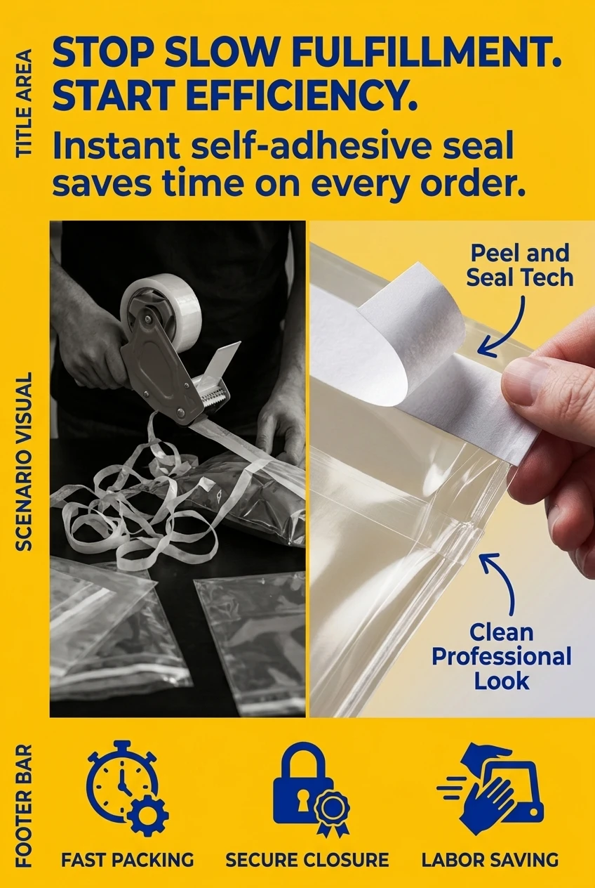 Efficient self sealing plastic bags designed to accelerate fulfillment. Replace slow manual taping with our opp plastic bag w