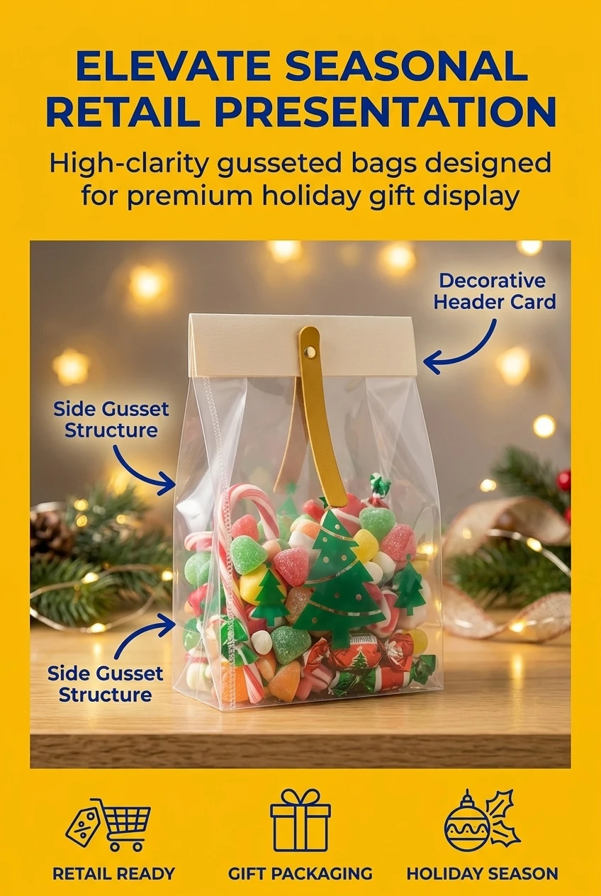clear pvc packaging bag detail view showing vertical rainbow stripe pattern and transparency