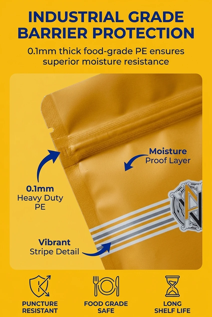 Heavy duty 0.1mm pe plastic bag with superior moisture-proof properties. This stand up zipper pouch utilizes high-density foo