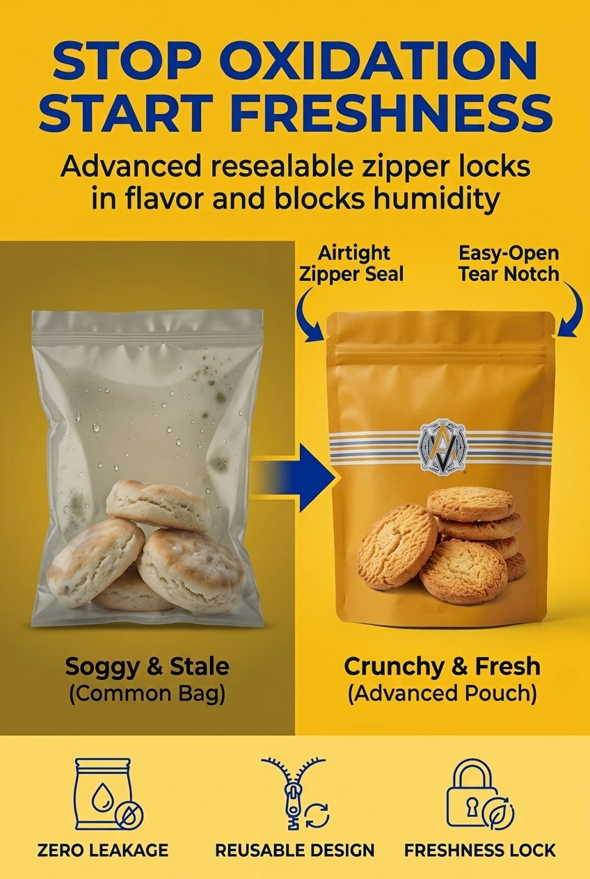 Solve food spoilage with our resealable food packaging bags. The integrated food zipper stand up pouch mechanism provides an