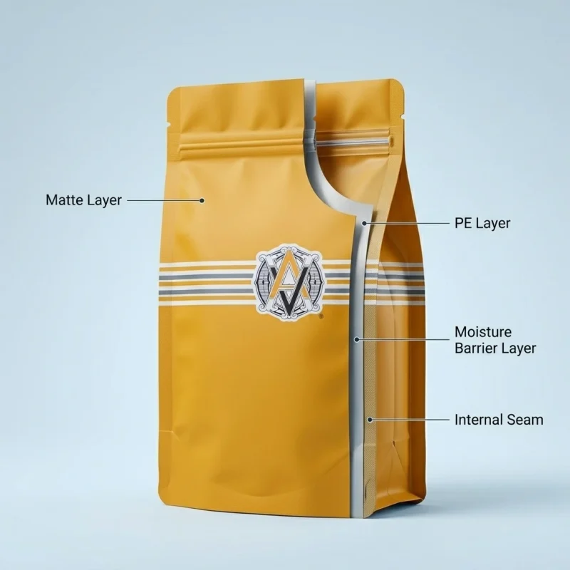 stand up pouch with zipper applied on luxury gift packaging demonstrating 3D laser reflection