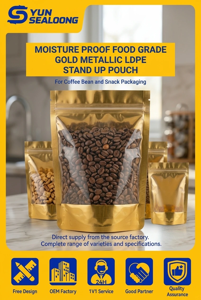 Moisture Proof Food Grade Aluminum Film LDPE Stand up Pouch with Zipper and Clear Window for Coffee Bean and Snack Packaging