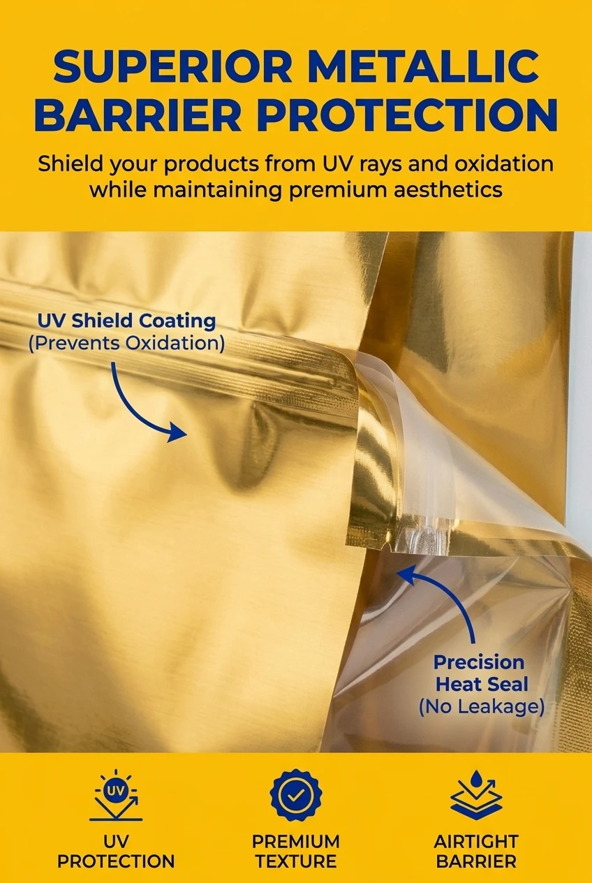 High-quality stand up pouch with window featuring a premium metallic gold texture. Our resealable food packaging bags use a s