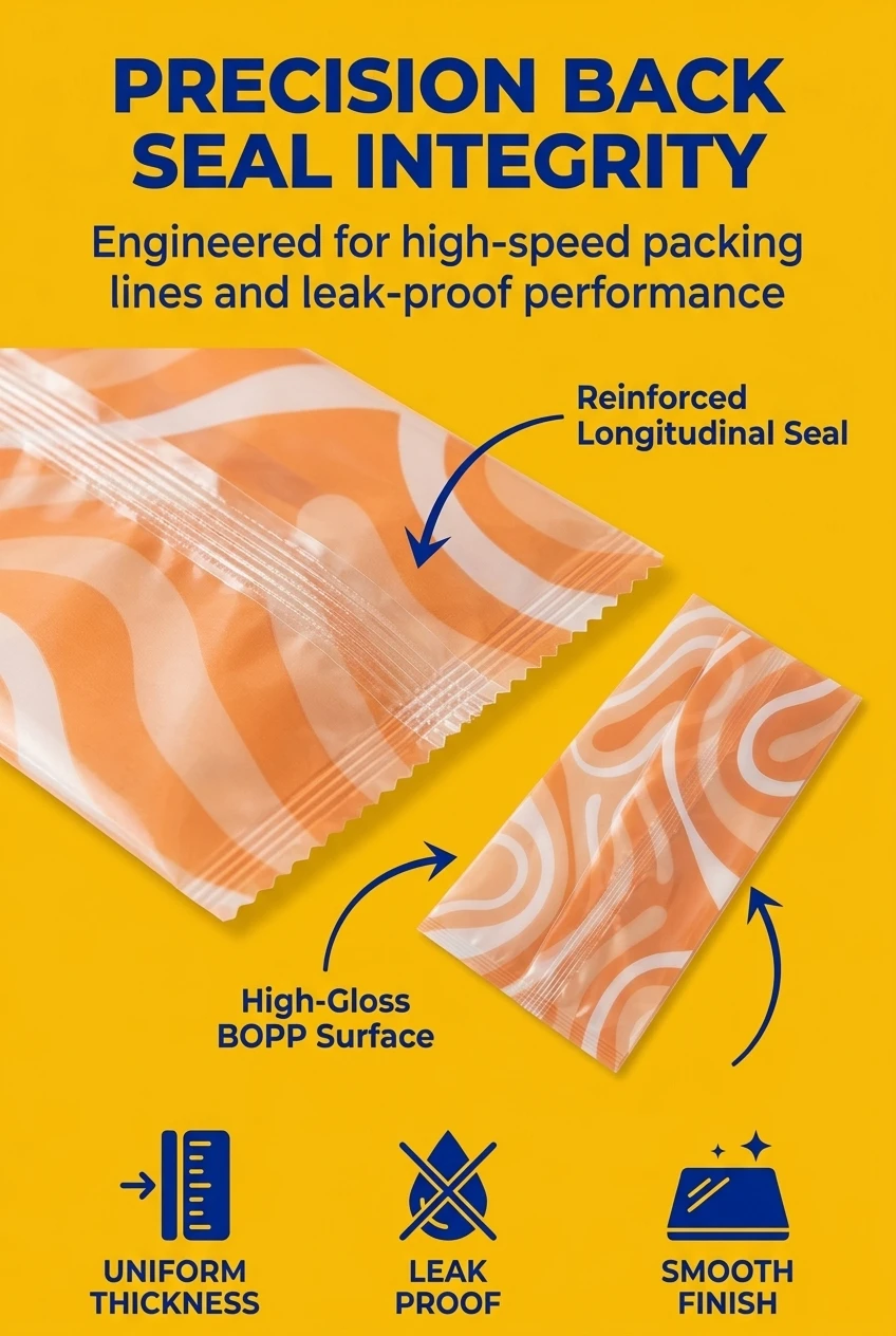 Detailed view of our transparent bopp film with specialized back seal construction. This heat sealable bopp film is engineere