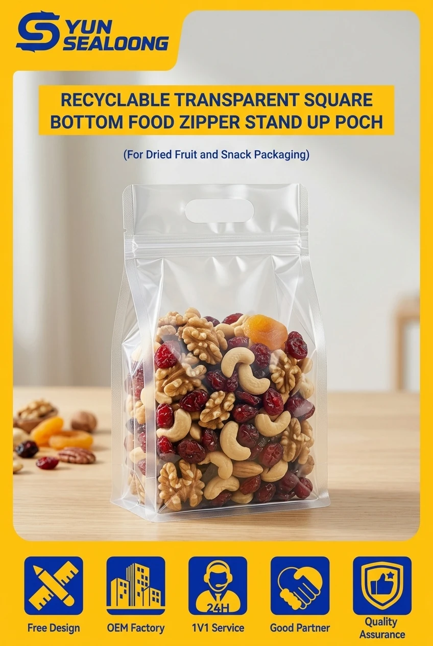 Transparent Eight Side Seal Bag Nuts Packaging Bags Flat Bottom Clear Zip Lock Stand Up Pouch with Die-Cut Handle