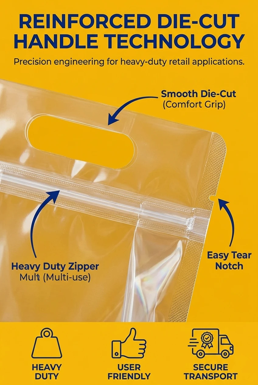 Durable zipper handle plastic bag featuring a precision die-cut oval handle. This food zipper stand up pouch is engineered wi